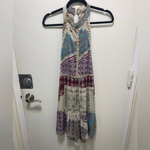 Jaase Womens Dress Medium Beige Aqua Purple Patchwork Halter  Low Back Casual